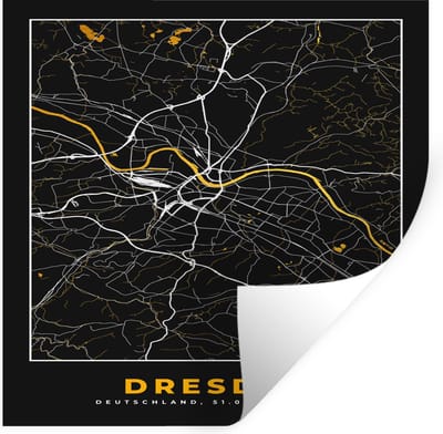 Muurstickers - Sticker Folie - Dresden - Goud - Stadskaart - Plattegrond - Kaart - Duitsland - 100x100 cm - Plakfolie - Muurstickers Kinderkamer - Zelfklevend Behang XXL - Zelfklevend behangpapier - Stickerfolie