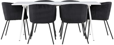 Silar eethoek tafel 90x180cm en 6 fluwelen stoelen met armleuningen wit.