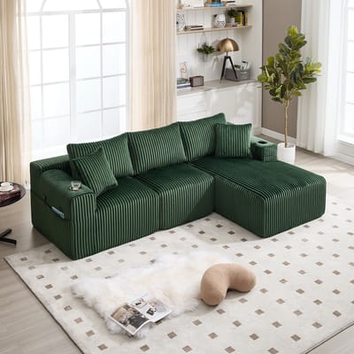 Modulaire sofaset met chaise longue en 2-zitsbank, zachte corduroy bekleding, inclusief 5 kussens, zijvakken en bekerhouders, schuim met hoge dichtheid, zelf samen te stellen, ideaal voor woonkamer, appartement en studio.