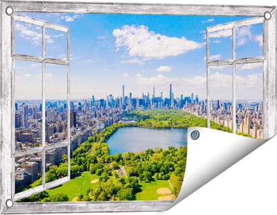 Gards Tuinposter Doorkijk Central Park in New York met Wolkenkrabbers - 60x40 cm - Tuindoek - Tuindecoratie - Wanddecoratie buiten - Tuinschilderij