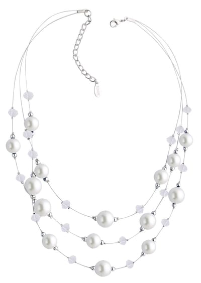 Behave Korte parel ketting dames beige 3 rijen met facet geslepen glaskralen en glasparels – lengte 46 cm + 6 cm verlengketting