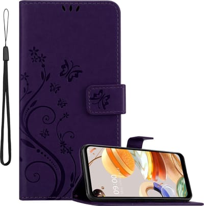 Cadorabo Hoesje geschikt voor LG K61 in Paars - Beschermhoes in bloemmotief met magnetische sluiting, standfunctie en kaartsleuven Book Case Cover Etui
