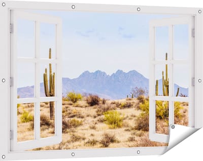 Gards Tuinposter Doorkijk Cactussen in de Woestijn - 120x80 cm - Tuindoek - Tuindecoratie - Wanddecoratie buiten - Tuinschilderij
