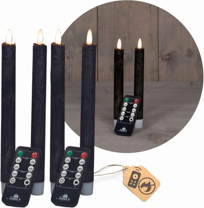 Novaliv LED-kaarsen met timer ZWART 4 stuks binnen 6 uur - ECHTE WAS 18 cm hoogte voor kaarsen 2,2 cm diameter 2 AAA-batterijen vereist LED-kaarsen flikkerende vlam bewegende vlam licht