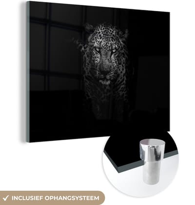 MuchoWow® Glasschilderij 120x90 cm - Schilderij acrylglas - Luipaard - Zwart - Wit - Foto op glas - Schilderijen
