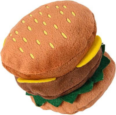 Hondenspeeltje hamburger - Kauwspeeltje puppy - Tandverzorging hond - Met pieper - 9 cm hoog - Multicolor