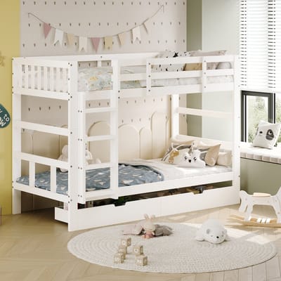 Wit stapelbed – Met 2 slaapplaatsen – Met valbeveiliging en rechte ladder - 90 x 200 cm – Peuterbed voor meisjes en jongens – Stijlvol & modern – Kinderstapelbed - zonder matrassen