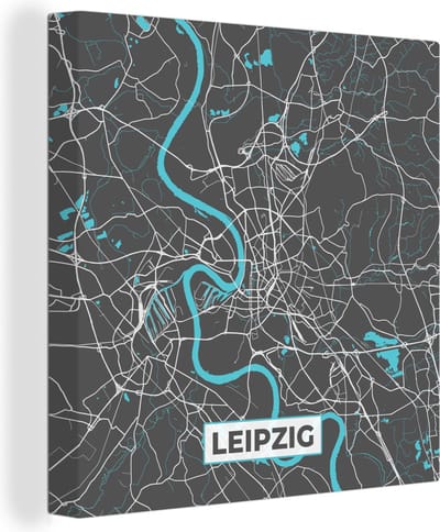 Canvas Schilderij Plattegrond – Leipzig – Blauw – Stadskaart – Kaart - Duitsland - 20x20 cm - Wanddecoratie