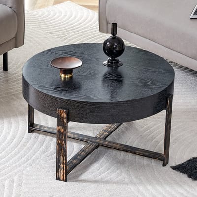 MODFU Ronde Bijzettafel - Kruispoot - Modern Minimalistisch - Voor Woonkamer - MDF En Metaal - Zwart - Ø 68 Cm