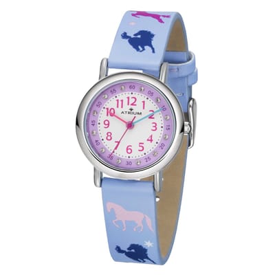ATRIUM Horloge Kind - Kinderhorloge Meisje - Lila - Paarden - Kristal Steentjes - Analoog - 3 bar Waterdicht - Leercijferblad - Leren - Verstelbaar Bandje 14,3-18,5cm - Duidelijk - A47-12