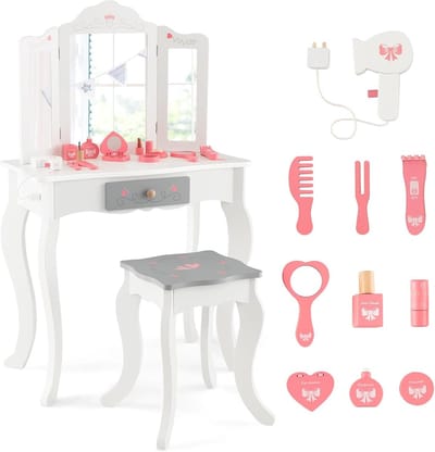 COSTWAY 2-in-1 kinderkaptafel met kruk, kaptafel met afneembare 3-voudig inklapbare spiegel, lade en 10 accessoires, make-upcommode prinses voor make-up voor kinderen meisjes