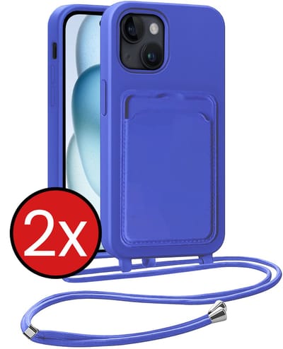 Hoesje Geschikt voor iPhone 15 Plus Hoesje Met Telefoonkoord en Pasjeshouder Siliconen - Hoes Geschikt voor iPhone 15 Plus Hoesje Met Kaarthouder Case - Felblauw - 2 PACK