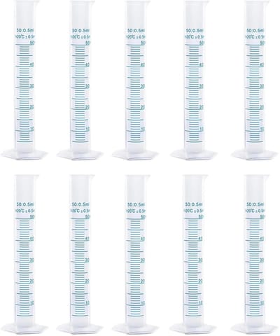 10 stuks meetcilinders, vloeistofmeetgereedschap, maatbeker 50 ml, transparante meetcilinder, maatcilinder van kunststof, laboratoriumreageerbuis