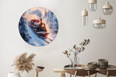 WallCircle - Wandcirkel - Muurcirkel - Kersttrein - Sneeuw - Winter - Kerst - Aluminium - Dibond - 90x90 cm - Binnen en Buiten