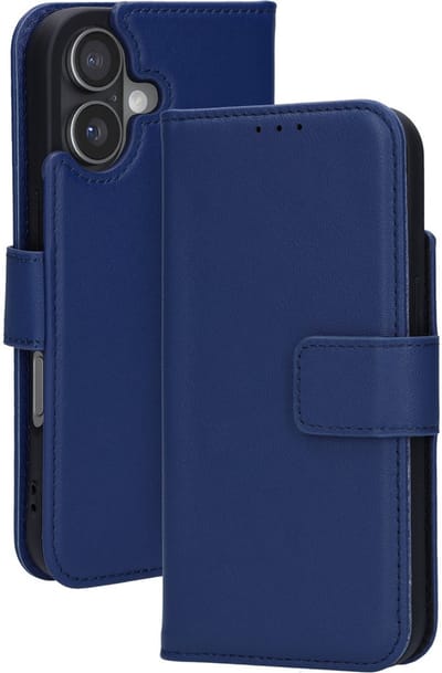 Mobiparts MagSafe Portemonnee/Boekhoesje geschikt voor Apple iPhone 17 - Echt Leer - Magnetische Sluiting - Ruimte voor drie pasjes - Microvezel voering - Blauw