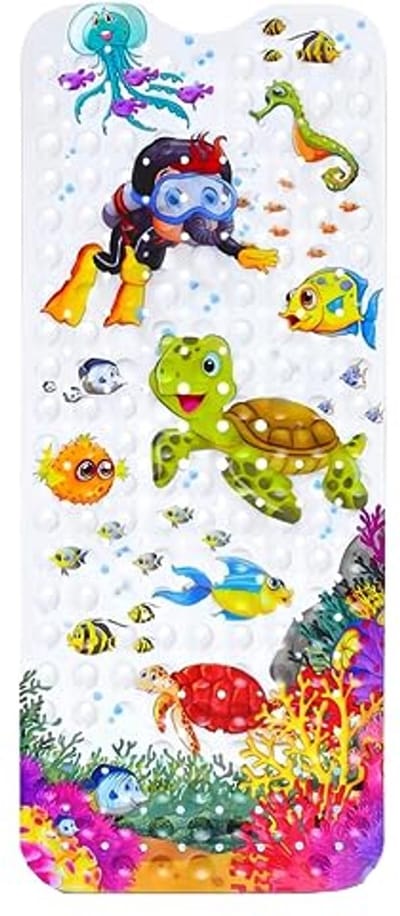 Antislip badmat voor kinderen - Cartoon zeedier badmat, 100 x 40 cm, machinewasbaar en antislip