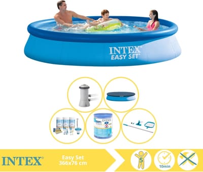 Intex Rond Opblaasbaar Easy Set Zwembad - 366 x 76 cm - Blauw - Inclusief Pomp - Afdekzeil - Onderhoudspakket - Filter - Schoonmaakset - 6-delig