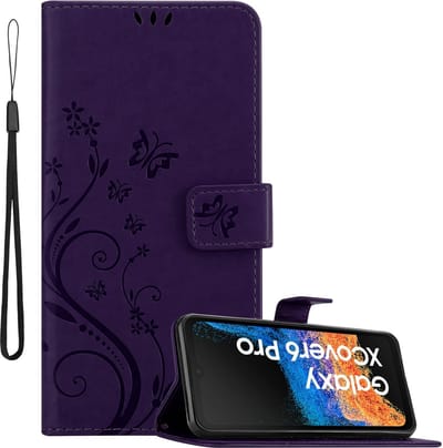 Cadorabo Hoesje geschikt voor Samsung Xcover 6 Pro in BLOEMEN DONKER PAARS - Beschermhoes in bloemmotief met magnetische sluiting, standfunctie en kaartsleuven Book Case Cover Etui