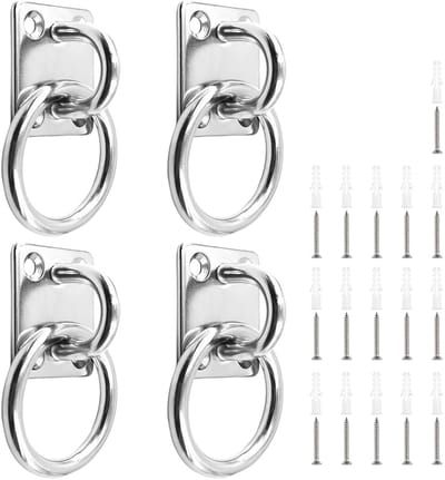 Set van 4 roestvrijstalen oogplaten met 6 mm gatdiameter, vierkante basis, inclusief schroeven en diffusiebuis, ideaal voor houten palen en stevige wanden