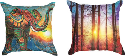 Ulticool  - Kussenhoes - Olifant Zon Boho Bohemian Zonsondergang - Set van 2 stuks - Sierkussens 45x45 cm - Sierkussenhoes Accessoires - Kussentjes Bank voor Decoratie Woonkamer Slaapkamer Jeugdkamer Kinderkamer Babykamer - Oranje Paars Blauw Geel