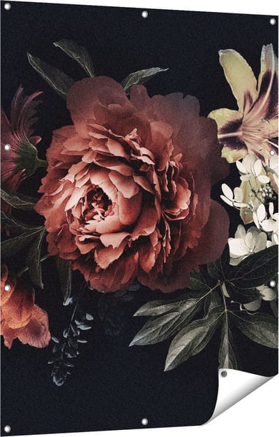 Gards Tuinposter Bloemen op een Zwart Achtergrond - 90x120 cm - Tuindoek - Tuindecoratie - Wanddecoratie buiten - Tuinschilderij