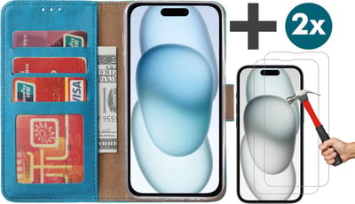 Hoesje met 2 Stuks Screenprotectors Geschikt voor iPhone 15 Plus – Arara bookcase met pasjeshouder - Bruin