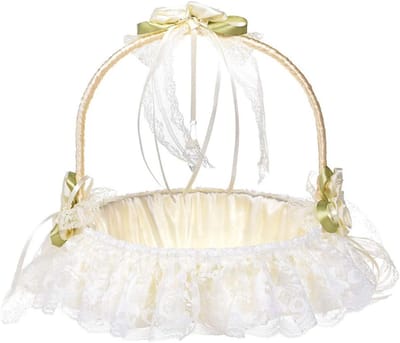 Bloemenmand Bruiloft - Decoratie Mand - Bruiloft Ceremonie - Handgemaakt Met Kant - 23x22cm - Melkwit
