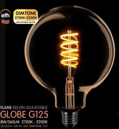 ETH Led spiraal Globe 125mm E27 6W dimtone van 2700K naar 2200K Goud
