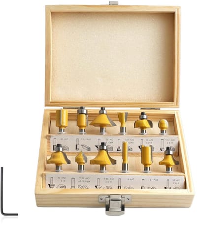 Allecto Plus - 12-delige frees set 6,35 mm cilindrische schacht voor bovenfrees - Hardmetaal groeffrees, snijplaten, profielfrees - Houtbewerking randfrees - Precisie gereedschap voor houtbewerking - Duurzame freesbits