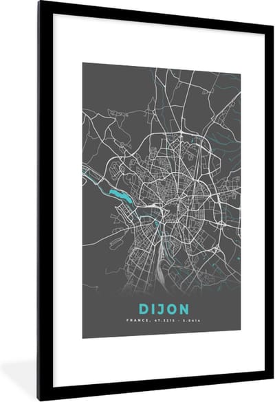 Fotolijst incl. Poster - Dijon - Frankrijk - Kaart - Stadskaart - Plattegrond - 60x90 cm - Posterlijst