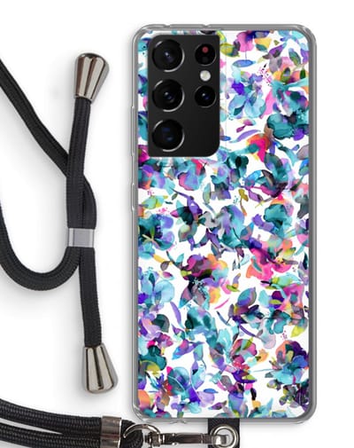 Hoesje met koord geschikt voor Samsung Galaxy S21 Ultra hoesje met Koord - Hibiscus Flowers - Telefoonhoesje met Zwart Koord - Bescherming aan alle Kanten en Over de Schermrand