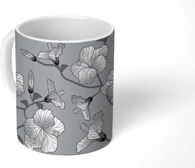 Mok - Koffiemok - Hibiscus - Grijs - Tropisch - Patroon - Mokken - 350 ML - Beker - Koffiemokken - Theemok