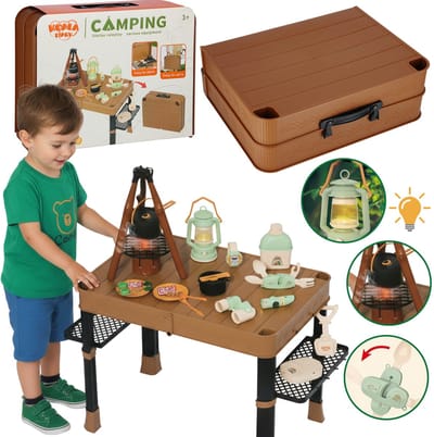 Campingset voor kinderen, opvouwbare tafel, koffer + reisaccessoires, kamperen, ledlampje, stoomeffect, geluid
