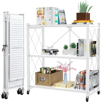 Vouwbaar metalen opbergrek met wielen, 71 x 30 cm, 550 kg draagvermogen, multifunctioneel en ruimtebesparend, 3 niveaus zonder montage
