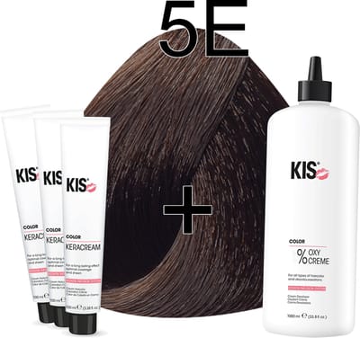 Kis KeraCream Color - 100ml - Haarverf Set - 5E Lichtbruin espresso | KIS - (3 x haarverf & 1L waterstofperoxide)