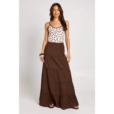 boohoo Dames Lange Gelaagde Katoenen Popeline Maxi Rok | Chocoladebruin | Maat: 34
