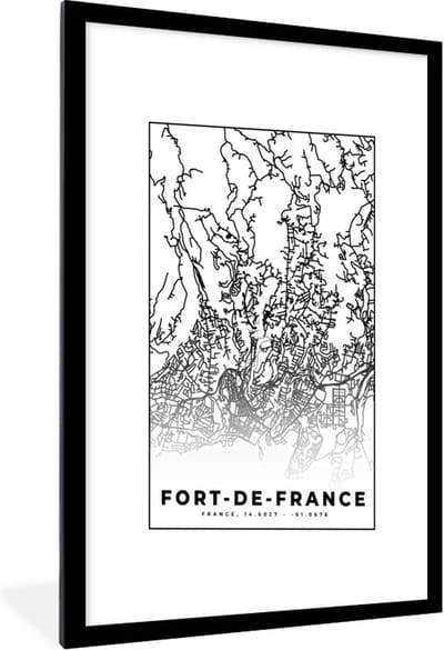 Fotolijst incl. Poster Zwart Wit- Kaart - Plattegrond - Frankrijk - Fort-de-France - Stadskaart - Zwart wit - 60x90 cm - Posterlijst