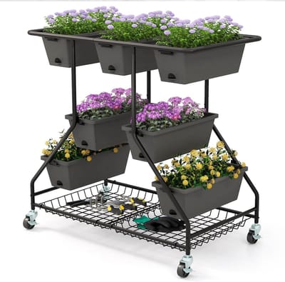 KOMFOTTEU Bloemenstandaard met 3 niveaus, tuinbed met 7 plantenbakken en drainagegaten, bloementrap met wielen, bloembed met legplank, plantentrap, groentebed voor groenten en bloemen