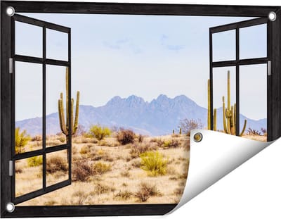 Gards Tuinposter Doorkijk Cactussen in de Woestijn - 60x40 cm - Tuindoek - Tuindecoratie - Wanddecoratie buiten - Tuinschilderij
