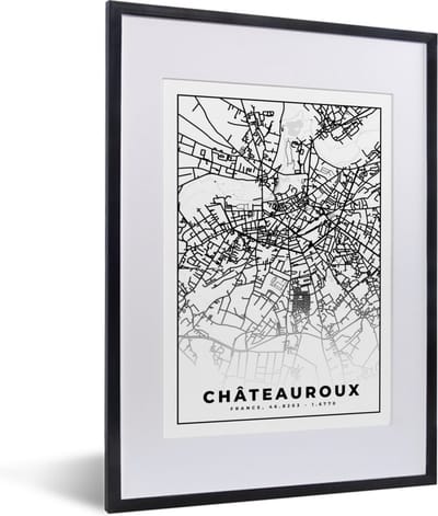 Fotolijst incl. Poster Zwart Wit- Frankrijk – Châteauroux - Plattegrond – Stadskaart – Kaart - Zwart wit - 30x40 cm - Posterlijst