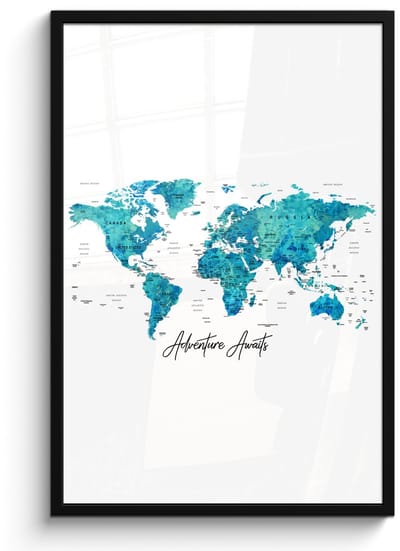 Poster in lijst - Fotolijst 60x90 cm - Posters - Wereldkaart - Blauw - Kleurrijk - Posterlijst zwart - Decoratie - Wanddecoratie woonkamer - Muurdecoratie slaapkamer