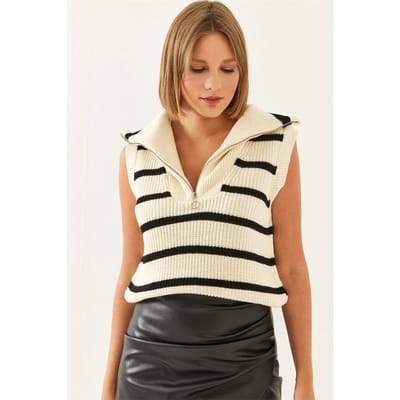 Gestreepte gebreide sweatervest met ritskraag