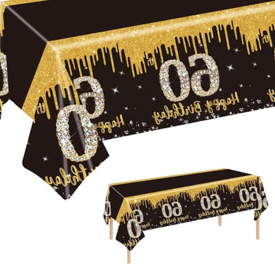 Zwarte en Gouden Verjaardagstafelkleed 137 x 274 cm voor 60e Verjaardag, Rectangular Plastic Tafelkleed voor Feestdecoratie en Tafeldecoratie