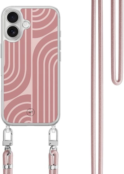 Hoesje met koord geschikt voor iPhone 16 - Blush shapes - Inclusief zwart koord - Crossbody beschermhoes - Transparant, Roze - Mooie Telefoonhoesjes