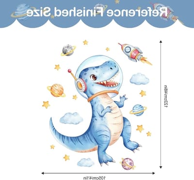 Grote blauwe dinosaurussen muurstickers voor de kinderkamer met ruimte, astronauten, raketten en wolken decoratie