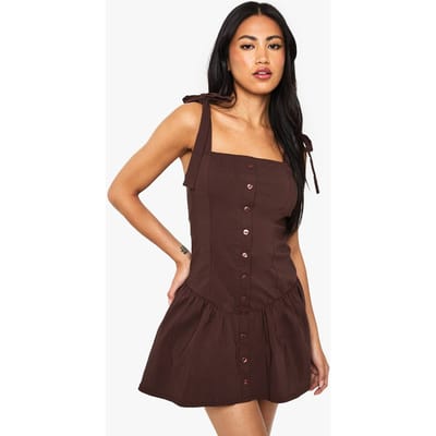 boohoo Dames Button Through Dropped Waist Mini Dress | Chocoladebruin | Maat: 40