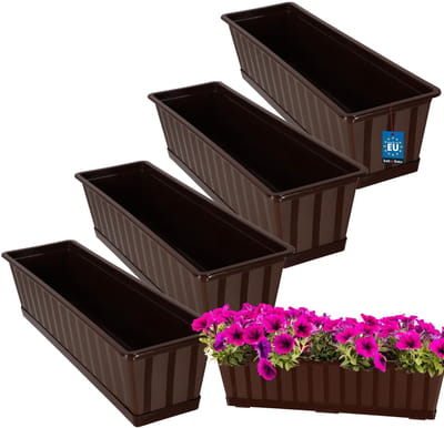 KOTARBAU® 4 st Balkonbak, Bloembak voor Balkon, Kunststof, 60 x 18 x 14 cm, Plantenbak, Bruin, Plantenbak Balkon, met Schotel, Rechthoekig