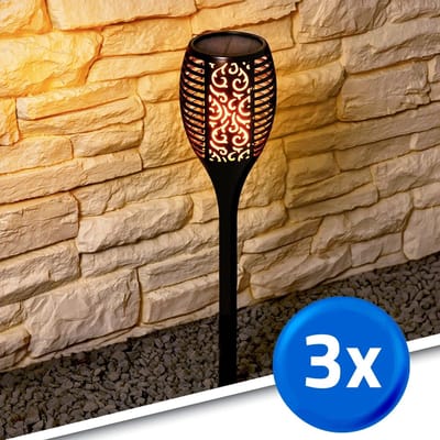 Solar buitenlamp 'Fakkel' - Set van 3 stuks - 3-in-1: wandlamp, tafellamp en priklamp - Met schemersensor - IP65 - 100 lumen - Warm wit licht (1900K) - Bewegend vlameffect - Zwart - Tuinverlichting op zonne-energie
