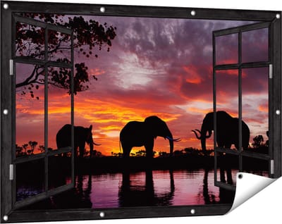 Gards Tuinposter Doorkijk Olifanten tijdens Zonsondergang - Silhouet - 120x80 cm - Tuindoek - Tuindecoratie - Wanddecoratie buiten - Tuinschilderij