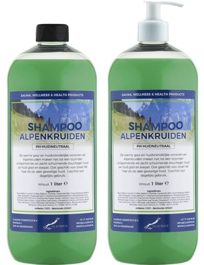 Shampoo Alpenkruiden - 1 liter (transparant) - 2 stuks - met witte pomp - Voordeelverpakking - Haarverzorging